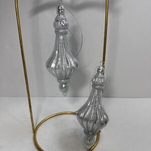 Set (2) Silver and glittered mercury glass blown finial shaped ornaments 6 in